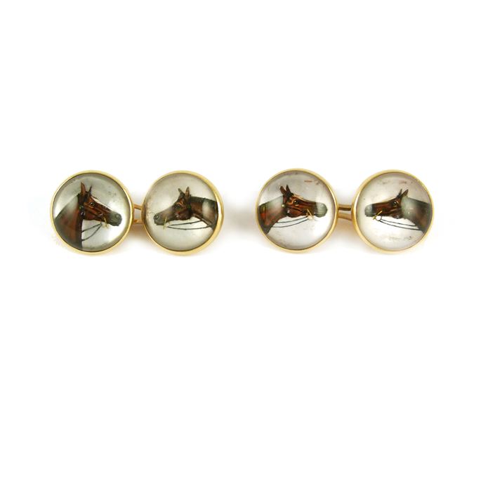 Pair of 19th century reverse painted rock crystal cufflinks with horse&#39;s head motifs | MasterArt